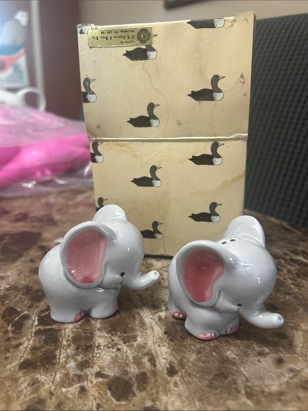Vintage Ceramic Elephant Salt and Pepper Shaker Set - Grey with Pink Accents
